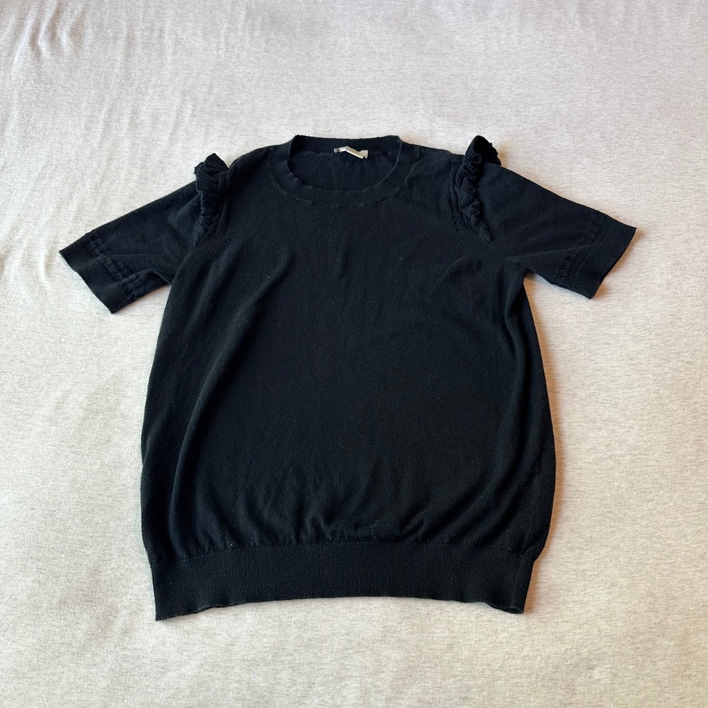 Kate Spade New York Womens Black Ruffle Shoulder Short Sleeve Sweater S